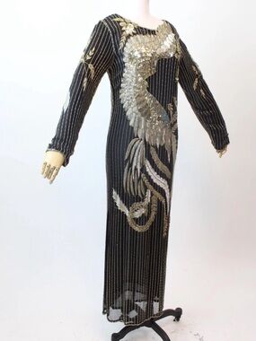 Scarlet Rage 1980’s beaded silk sequined beaded phoenix bird long maxi dress L